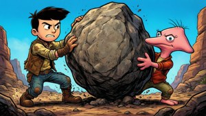 Phineas and Perry pushing a boulder