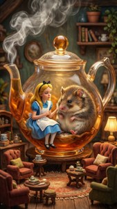 Alice chatting with the Dormouse in a giant teapot.