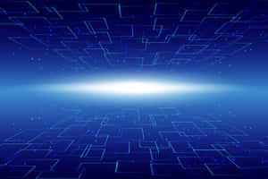 Circuito digital futurista com linhas azuis brilhantes e luz de horizonte intensa.