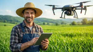 Agriculteur avec tablette dans un champ vert, scène agricole moderne.