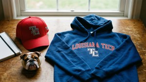 Flat lay Louisiana Tech -tuotteista puisella pöydällä luonnonvalossa