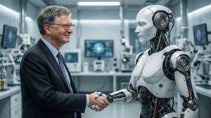 Man in suit shaking hands with humanoid robot in futuristic lab. — Bill Gates Background