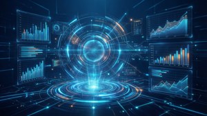 Infográfico holográfico futurista com gráficos e dados em azul neon