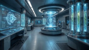 Futuristic laboratory with holograms in ultrawide view.