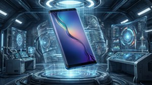 Sci-fi wallpaper with a floating Galaxy S10 in a holographic lab. — Galaxy S10 Wallpaper