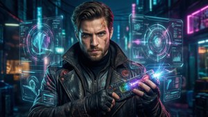 Número cinco em um cenário cyberpunk com tecnologia holográfica.
