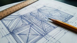 En blyant, papir og linjal med geometriske arkitektoniske mønstre.