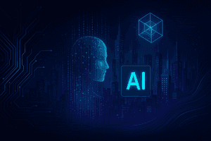 Digital human head with AI logo in futuristic cityscape — Artificial intelligence PNG