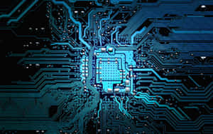 Close-up of a glowing blue circuit board with a central processor. — Background