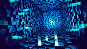 En glødende blå digital tunnel af terninger, der fører til en pixelhvirvel. — Teknologi Wallpapers