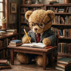 En studerende bamse læser i et lille bibliotek.