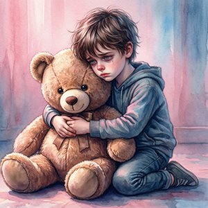 Dreng, der krammer bamse, blød akvarel tapet