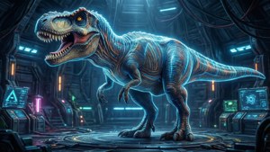 Sci-fi-bakgrund av en Tek Rex i en glödande Tek-bas från Ark.