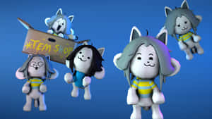 Five floating 3D cartoon cat characters with different hairstyles and expressions, one holding an item shop sign.