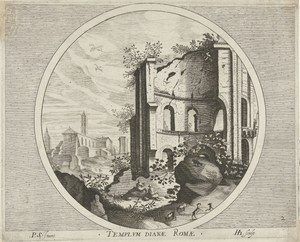Tempel van Diana by Hendrick Hondius (I), created 1600, in paper; engraving. Download this artwork as a high-resolution wallpaper for desktop, tablet, or mobile — Architecture Picture