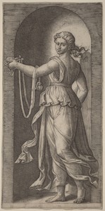 Temperance by Marcantonio Raimondi, created c. 1515-1525, in engraving. Download this artwork as a high-resolution wallpaper for desktop, tablet, or mobile. — Marcantonio Raimondi Wallpaper