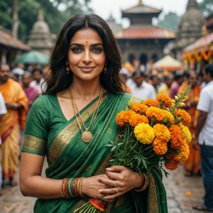 Tamannaah Bhatia als een toegewijde vrouw die bloemen aanbiedt bij een tempel.