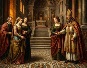 Scène biblique de la présentation de Marie au temple avec le prêtre et la famille