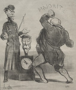 Testing His Strength by Honoré Daumier, created 1851, in lithograph. Download this artwork as a high-resolution wallpaper for desktop, tablet, or mobile. — Art Picture