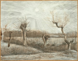 Tetards (Pollards) by Vincent van Gogh, created 1884, in Pen and brown ink, with touches of pen and black ink, graphite and graphite frottage, and traces of bla — Illustration Wallpaper