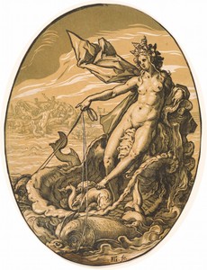 Tethys by Hendrick Goltzius, created 1588/1590, in chiaroscuro woodcut in sepia-ochre, olive and black on laid paper. Download this artwork as a high-resolution — Hendrick Goltzius Wallpaper