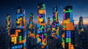 En futuristisk by fuldstændig bygget af Tetris-klodser ved skumring