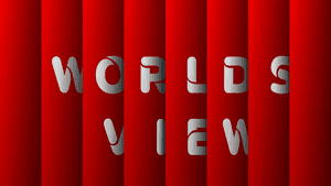 Red striped background with silver text reading worlds view — Text Wallpaper