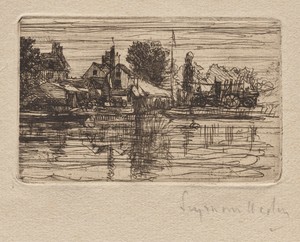 Thames Side by Francis Seymour Haden, created 1833–1910, in etching. Download this artwork as a high-resolution wallpaper for desktop, tablet, or mobile. — Francis Seymour Haden Wallpaper