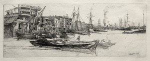 Thames Warehouse by James McNeill Whistler, created 1871, in etching. Download this artwork as a high-resolution wallpaper for desktop, tablet, or mobile. — Art Picture