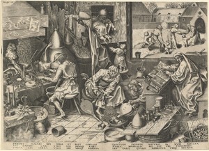 The Alchemist by Philips Galle, created c. 1558, in engraving. Download this artwork as a high-resolution wallpaper for desktop, tablet, or mobile. — Philips Galle Wallpaper