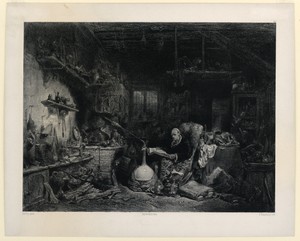 The Alchemist by Célestin François Nanteuil, created ca. 1850, in Lithograph on paper. Download this artwork as a high-resolution wallpaper for desktop, tablet, — Art Picture
