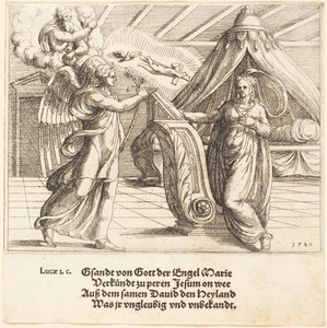The Annunciation by Augustin Hirschvogel, created 1548, in etching. Download this artwork as a high-resolution wallpaper for desktop, tablet, or mobile. — Augustin Hirschvogel Wallpaper