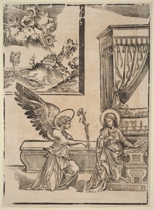 The Annunciation by Francesco Denanto, in woodcut. Download this artwork as a high-resolution wallpaper for desktop, tablet, or mobile.