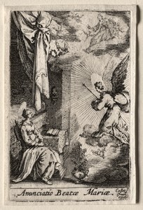 The Annunciation by Jacques Callot, created c. 1633–34, in etching. Download this artwork as a high-resolution wallpaper for desktop, tablet, or mobile. — Art Picture