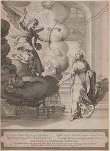 The Annunciation by Francesco Villamena, created 1598, in engraving. Download this artwork as a high-resolution wallpaper for desktop, tablet, or mobile. — Francesco Villamena Wallpaper