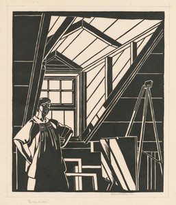 The Attic Window by Mildred McMillen, created 1920, in woodcut in black on wove paper. Download this artwork as a high-resolution wallpaper for desktop, tablet,