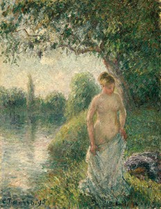 The Bather by Camille Pissarro, created 1895, in oil on canvas. Download this artwork as a high-resolution wallpaper for desktop, tablet, or mobile. — Camille Pissarro Wallpaper