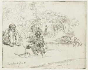 The bathers by Rembrandt van Rijn, created 1651, in paper; etching. Download this artwork as a high-resolution wallpaper for desktop, tablet, or mobile. — Rembrandt van Rijn Wallpaper