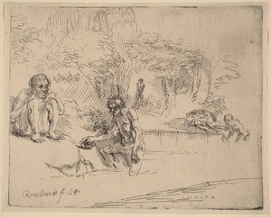 The Bathers by Rembrandt van Rijn, created 1651, in etching. Download this artwork as a high-resolution wallpaper for desktop, tablet, or mobile. — Rembrandt van Rijn Wallpaper