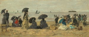 The Beach by Eugène Boudin, created 1877, in oil on wood. Download this artwork as a high-resolution wallpaper for desktop, tablet, or mobile. — Eugène Boudin Wallpaper
