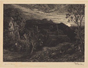 The Bellman by Samuel Palmer, created 1879, in etching on japan paper, pasted to board. Download this artwork as a high-resolution wallpaper for desktop, tablet — Art Picture