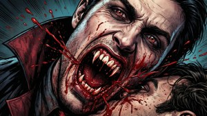 Seriestilsscen av en vampyr som biter en människas hals, med huggtänder och blodsstänk.