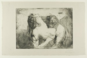The Bite by Edvard Munch, created 1914, in Etching on cream wove paper. Download this artwork as a high-resolution wallpaper for desktop, tablet, or mobile. — Illustration Wallpaper