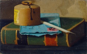 The Blue Envelope by John Frederick Peto, created c. 1890s, in oil on wood. Download this artwork as a high-resolution wallpaper for desktop, tablet, or mobile.