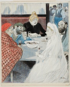 The Bride by Théophile-Alexandre Pierre Steinlen, created n.d., in Drawing with scraping, hand-coloring in watercolor/gouache and black ink with graphite additi — Illustration Wallpaper