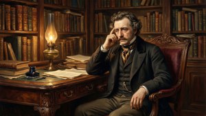 Un portrait de Jules de Goncourt dans son cabinet, entouré de livres et de lumière de lampe