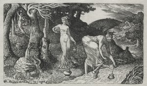 The Brook by Edward Calvert, created 1829, in wood engraving. Download this artwork as a high-resolution wallpaper for desktop, tablet, or mobile. — Edward Calvert Wallpaper
