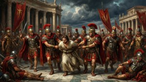 Adegan sejarah dramatis dengan gaya Thomas Couture, menampilkan tentara Romawi dan seorang tahanan di forum marmer.