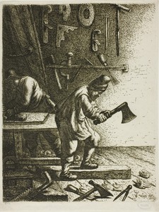 The Carpenter by Jan van Vliet, created c. 1635, in Etching on paper. Download this artwork as a high-resolution wallpaper for desktop, tablet, or mobile. — Illustration Wallpaper