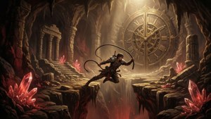 A subterranean cavern with ruins, crystals, and a warrior swinging across a chasm.